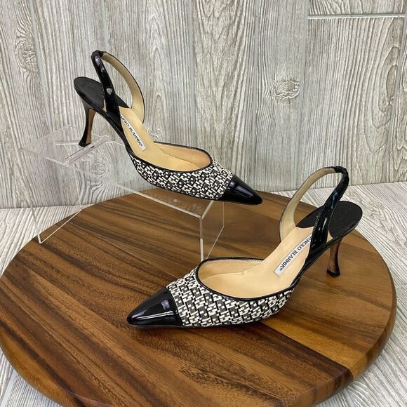 Manolo Blahnik Shoes - Manolo Blahnik Carolyne Slingback Pumps Patent Leather Black White Rattan Size 3